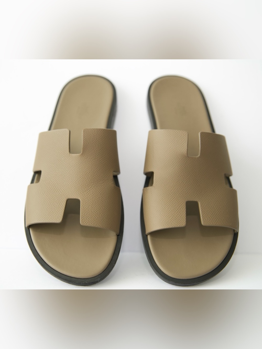 Hermes Men's Taupe Leather 'H' Slide Sandals